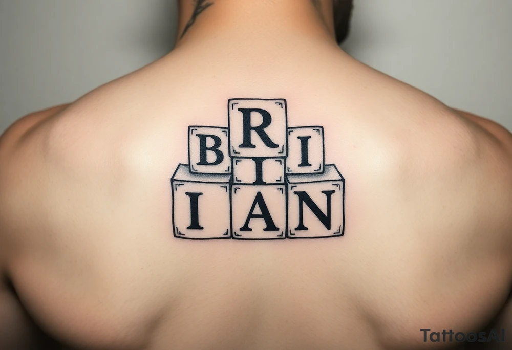 I WANT 5 TOY BABY BLOCKS STACKED ON TOP OF EACH OTHER AND I WANT EACH OF THEM TO HAVE A LETTER IN THEM. B, R, I, A, N THEY SHOULD BE STACKED ON TOP OF EACH OTHER IN 3D tattoo idea