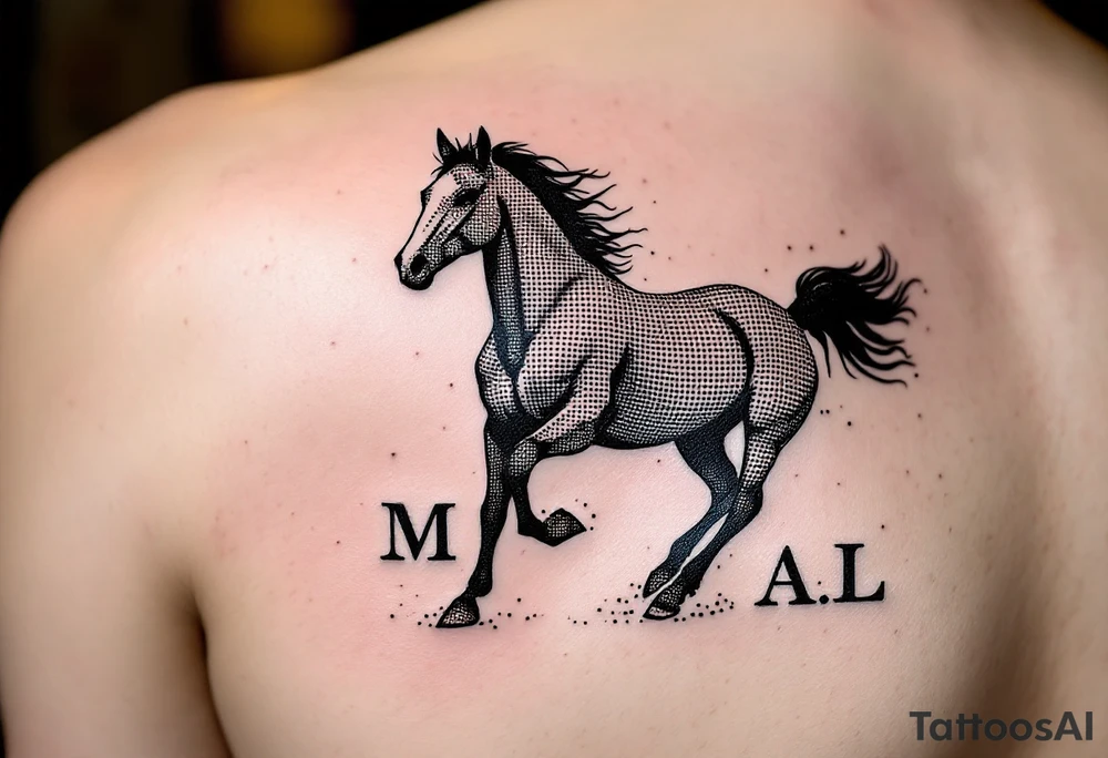 horse silhouette from the front which gallops from the front, with the 3 small letters discreetly integrated into the lines: M, A, L tattoo idea