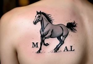 horse silhouette from the front which gallops from the front, with the 3 small letters discreetly integrated into the lines: M, A, L tattoo idea