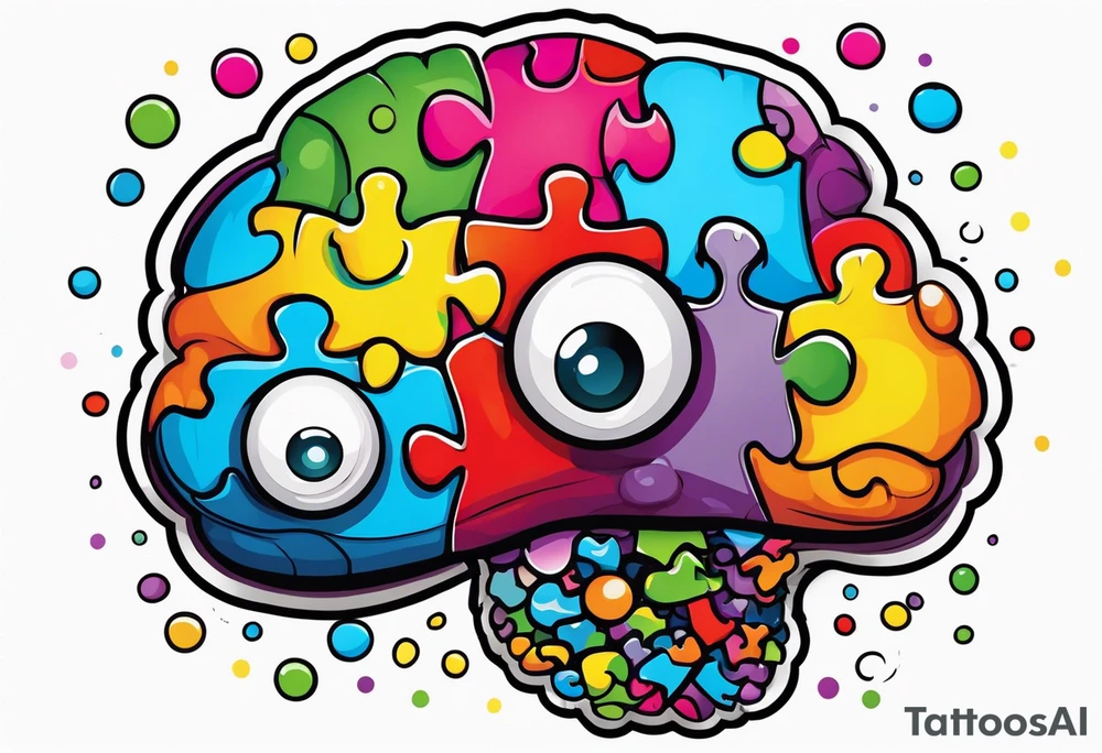 Colorful brain with eyeballs made of puzzle pieces tattoo idea