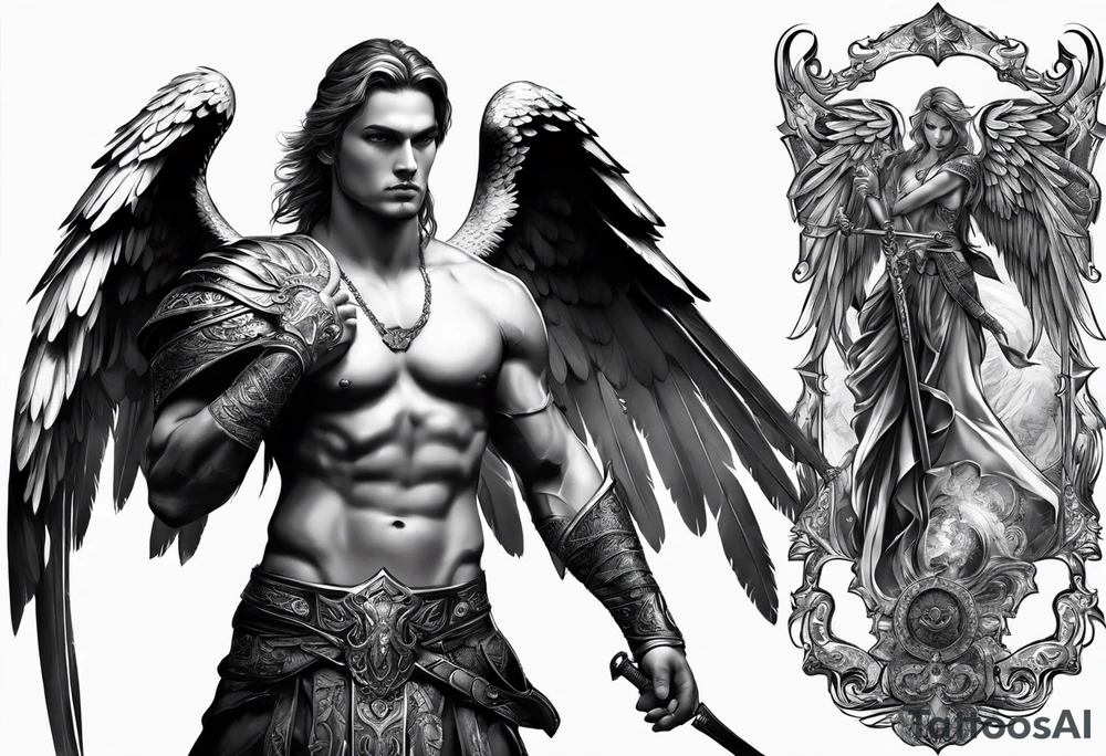 warrior angel in black standing tattoo idea