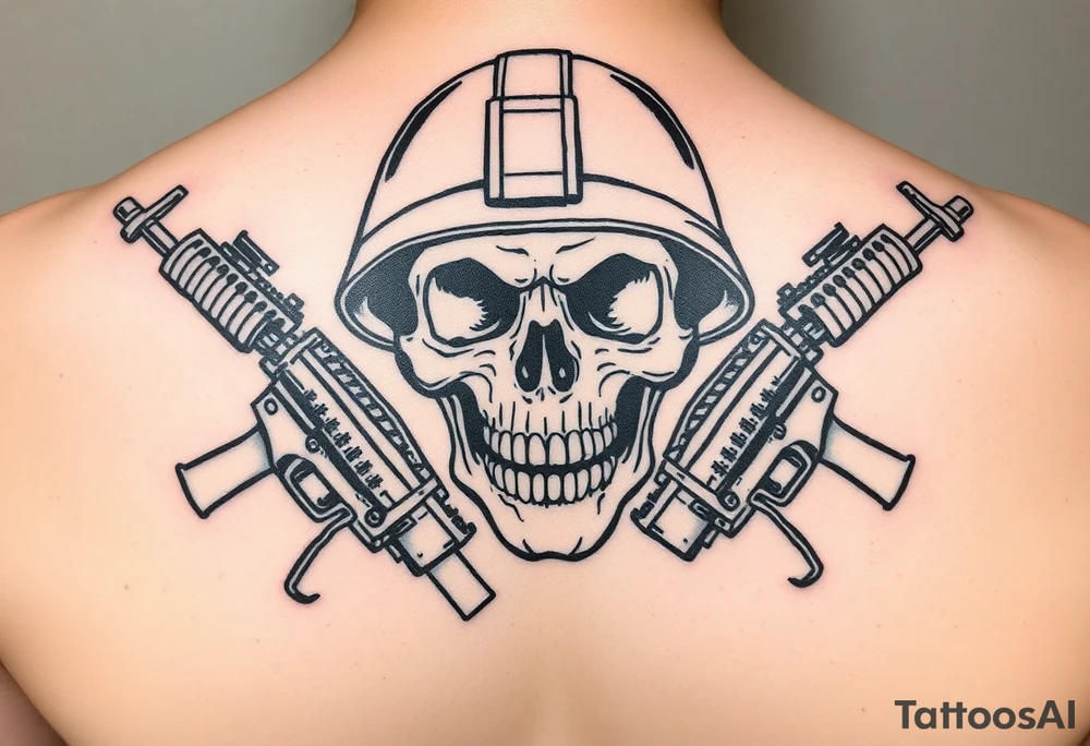 Skull wearing a military helmet, crossed assault rifles behind it. tattoo idea