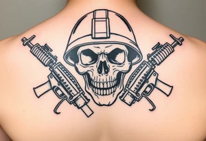 Skull wearing a military helmet, crossed assault rifles behind it. tattoo idea