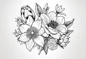 Small lime work flower bouquet with 1 daffodil, lily of the valley, 1 poppy, 1 peony, 1 chrysanthemum, and some leaves. Put a butterfly above the daffodil tattoo idea