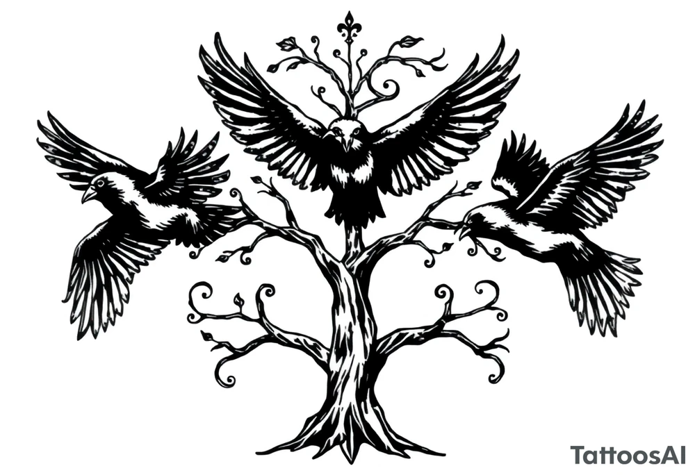 Irish family tree with 3 flying ravens tattoo idea