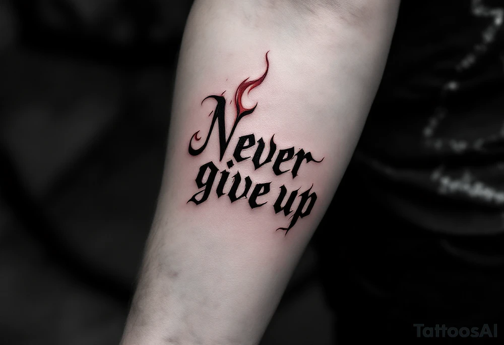 "Never give up" in fiery red ink with flames licking up from the letters. tattoo idea