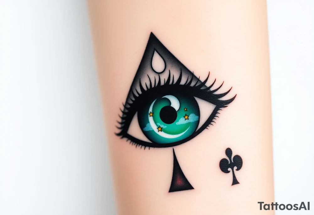 Large almond shaped outline of an eye with an eyeball in the shape of an ace of spades long black eyelashes eyecolored greenish blue vivid colors like green blue purple with a crescent moon stars and clouds inside of the eyeball tattoo idea