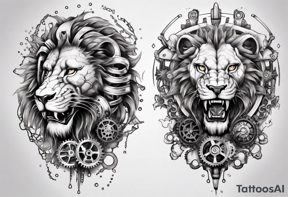 Biomechanical lion with gears inside tattoo idea