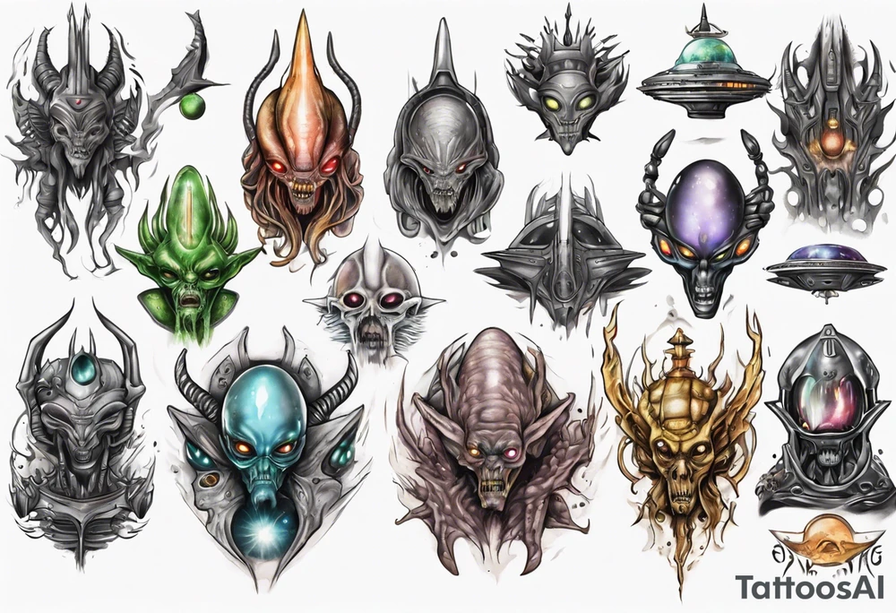 Alien king going to war with space ships and other aliens tattoo idea