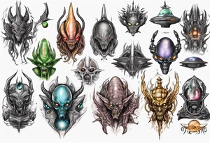 Alien king going to war with space ships and other aliens tattoo idea