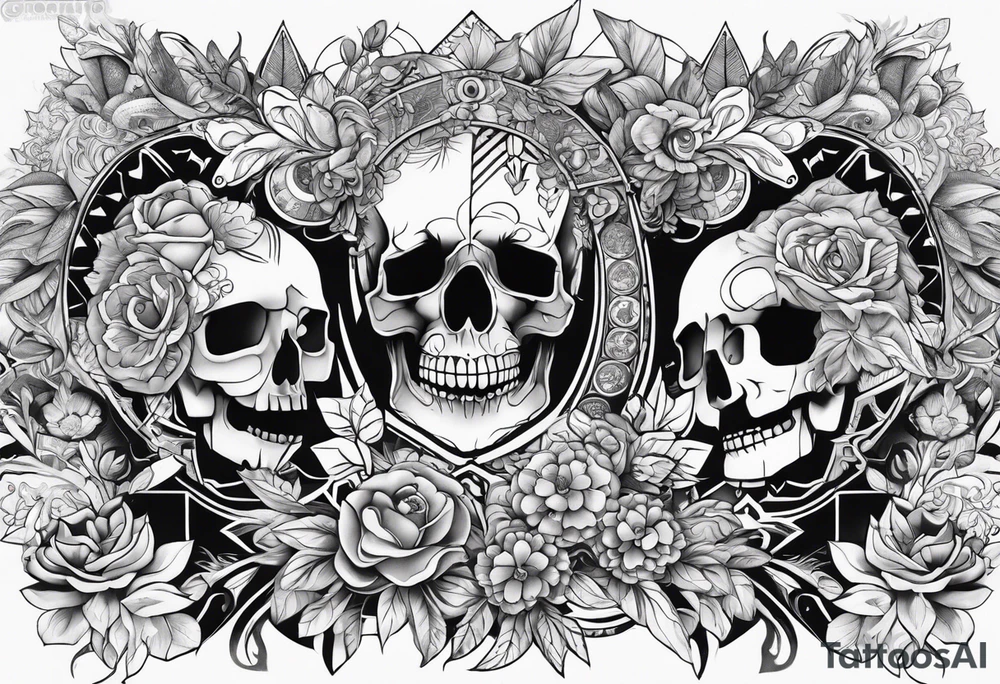 Full tattoo sleeve with flowers, leaves, dogs, drugs, money, euro bank notes, skull, with tribal eyes tattoo idea