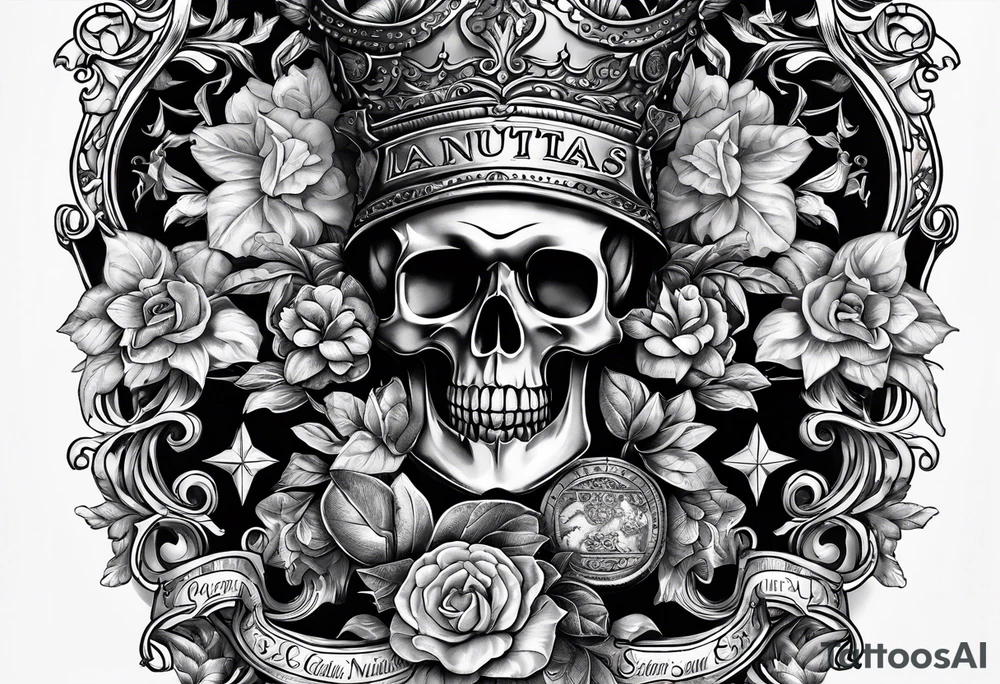Script Latin that reads "Vectigal Vanitas est, utilitas Sanitas est, Nummus est Rex" tattoo idea