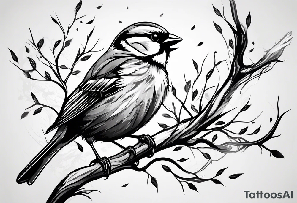 Sparrow taking off from breaking branch tattoo idea