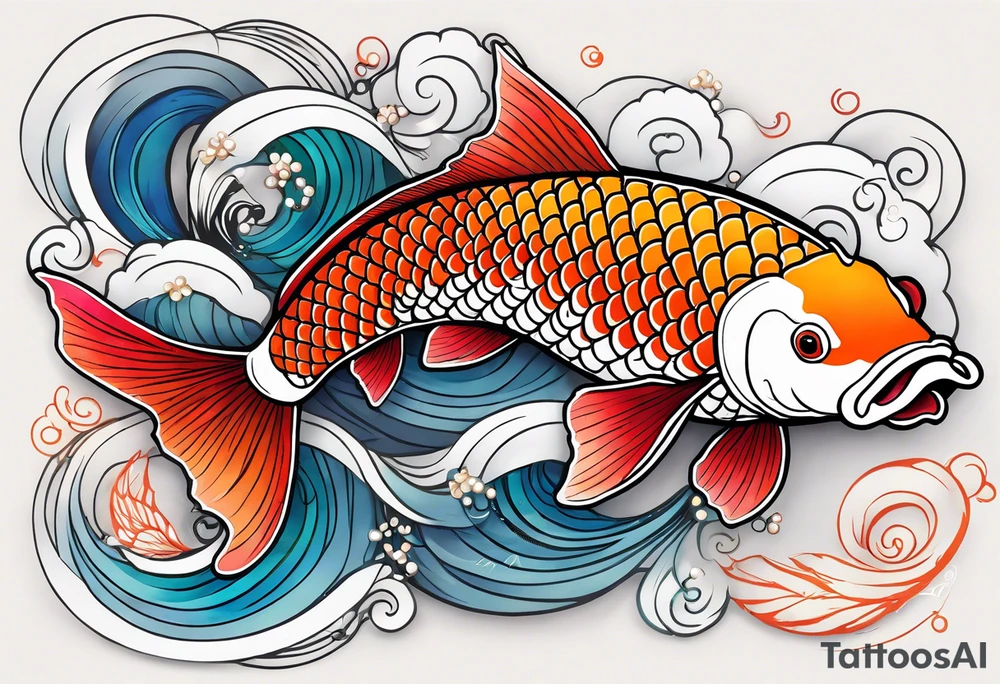 koi fish with a little narrow body, elongated fins, trimmed with pearls, ginko leaves around, gradient lines tattoo idea