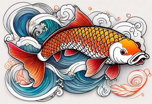 koi fish with a little narrow body, elongated fins, trimmed with pearls, ginko leaves around, gradient lines tattoo idea