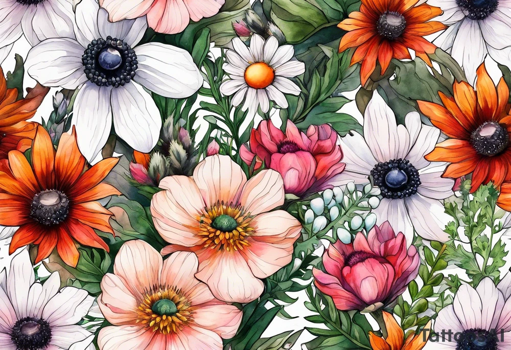 wildflowers with thistles, ferns, white anemones, sun flowers, orange flowers, green flowers, pink flowers, red flowers, berries and all in watercolor tattoo idea
