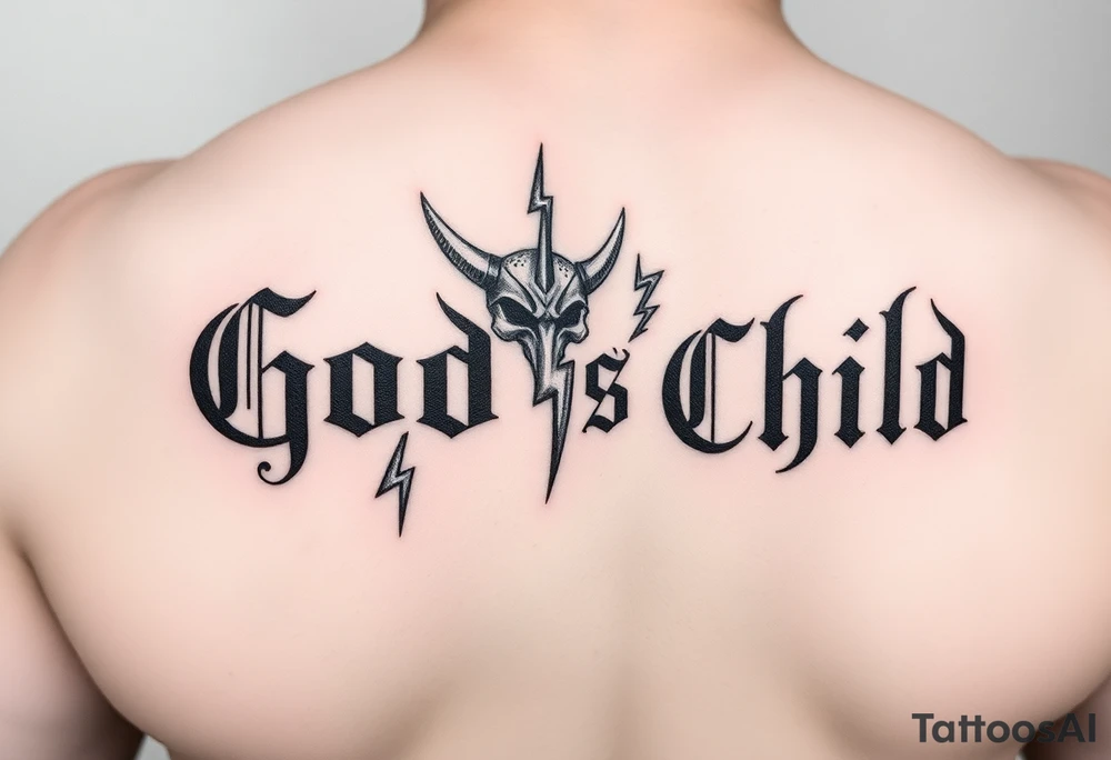 “God’s Child” going down forearm. With lighting bolt shaders in the background. With demon mask hanging off the “l” in “Child”. With lightning bolt going through the demon mask hanging off. tattoo idea