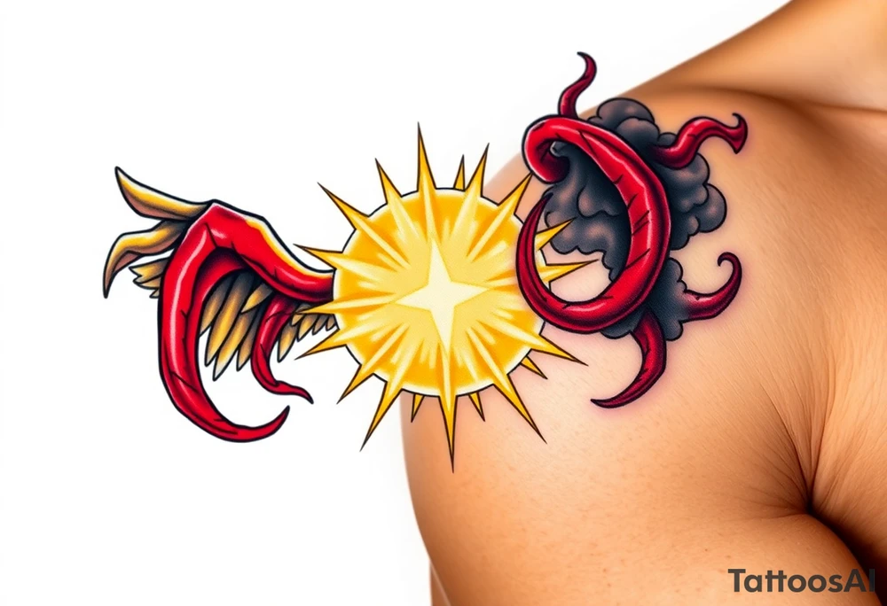 A shining golden angelic halo, surrounded by light and rays of peace, clashing with red, twisted horns curling from the opposite side, dark and menacing, with smoke and shadows, symbolizing a battle between holiness and temptation. tattoo idea
