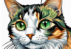 Calico cat with green eyes playing with a cricket toy tattoo idea