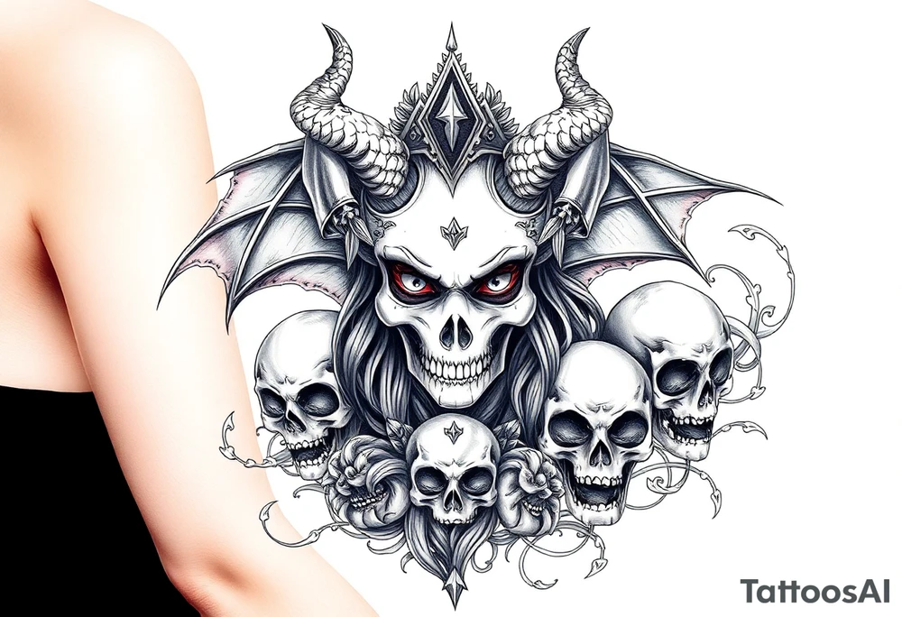 'She overcame EVERYTHING that was meant to DESTROY her" with a demon queen and skulls tattoo idea