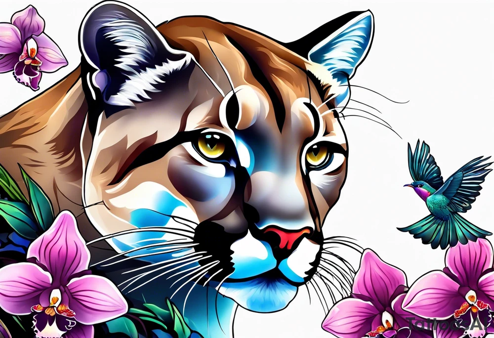 Mother mountain lion with an otter and flicker bird, mountains, orchids, and butterflies tattoo idea