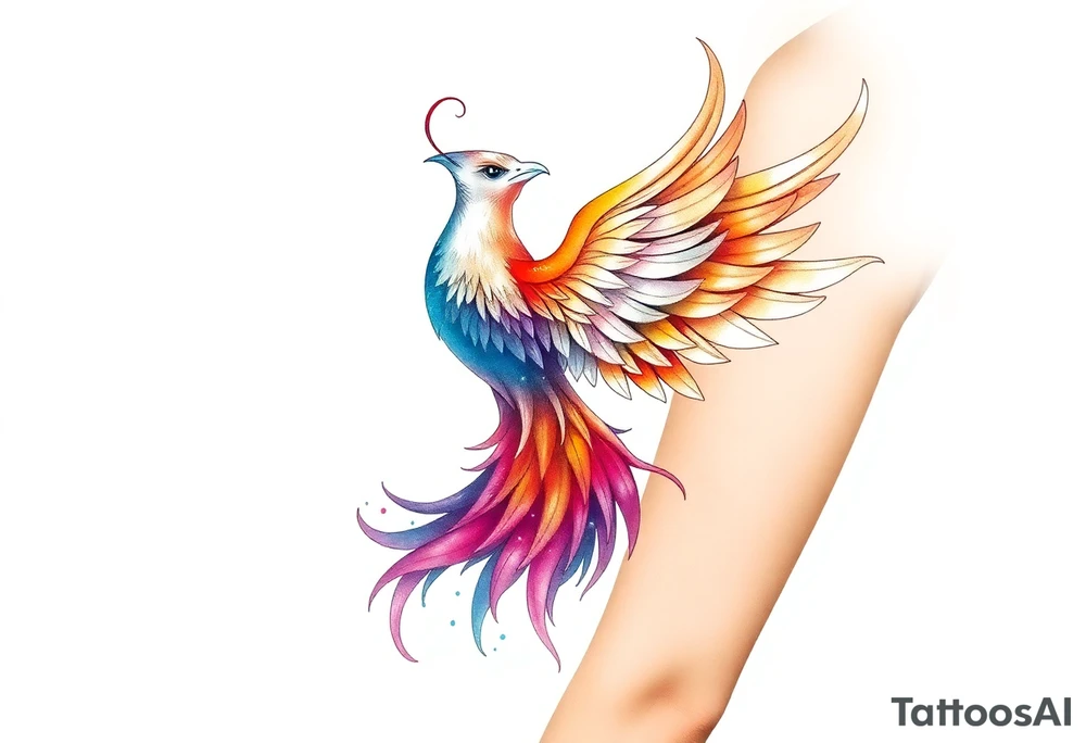 Phoenix rising with nonbinary flag colors blended in watercolor style, transparent background. tattoo idea