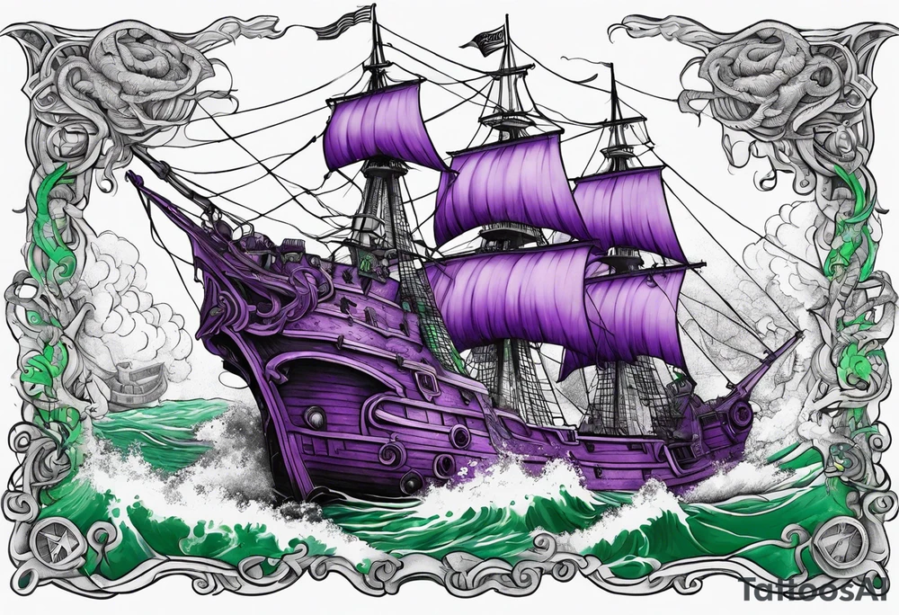 Purple and green kraken breaking ship tattoo idea