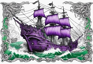Purple and green kraken breaking ship tattoo idea
