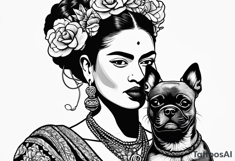 Frida khalo smoking a hookah while carrying a puppy dog tattoo idea