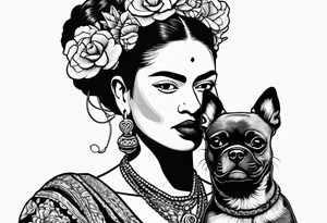 Frida khalo smoking a hookah while carrying a puppy dog tattoo idea