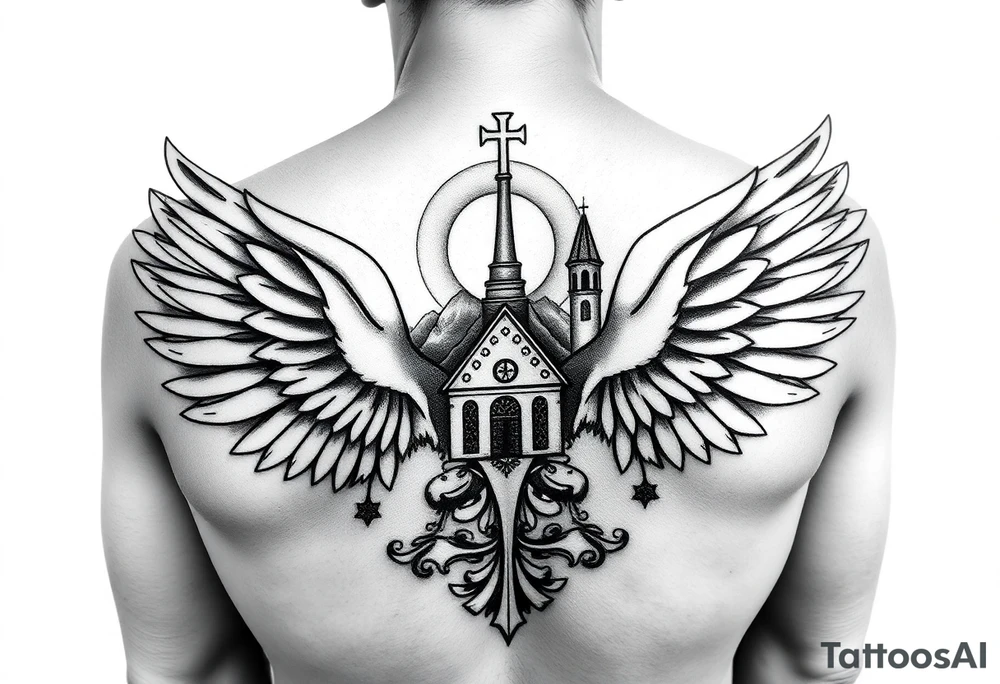 russian coat of arms with both heads visible & wings spanning out on my back neck across on to my shoulders / traps with a orthodox christian church being visible in a mountainous sun beaming setting, with the russian orthodox cross spire of the orthodox church being visible on my neck with a sun beaming in the background that the cross sits inside tattoo idea
