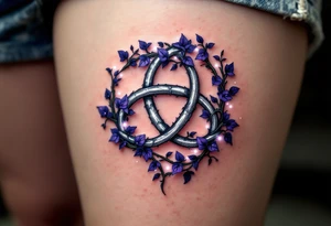 A silver triquetra wrapped in violet ivy vines and surrounded by dots of white light. tattoo idea