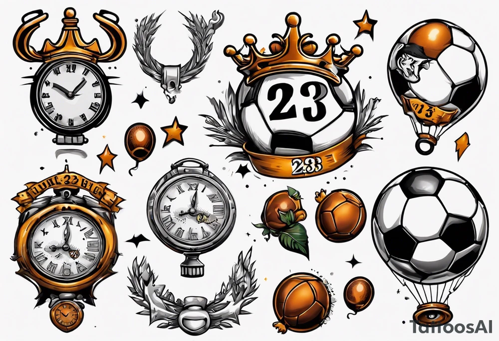 Ballon de football avec le numéro23 ,  une horloge avec une couronne,  le tout avec au fond un taureau tattoo idea