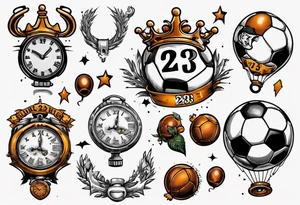 Ballon de football avec le numéro23 ,  une horloge avec une couronne,  le tout avec au fond un taureau tattoo idea