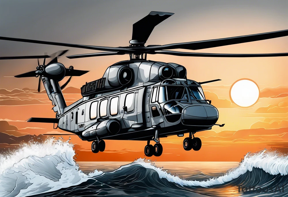 canadian military grey helicopter cyclone CH-148, a helicopter flying over rough water, Clear sky, sunset
, military art, ocean specular, highly detailed background, detailed 4 k drawing tattoo idea