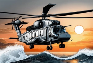 canadian military grey helicopter cyclone CH-148, a helicopter flying over rough water, Clear sky, sunset
, military art, ocean specular, highly detailed background, detailed 4 k drawing tattoo idea