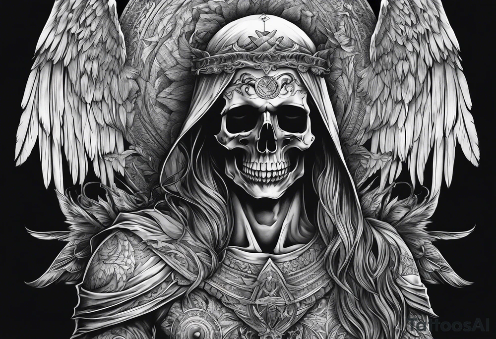 realistic full body of angel of death, without face, man tattoo idea