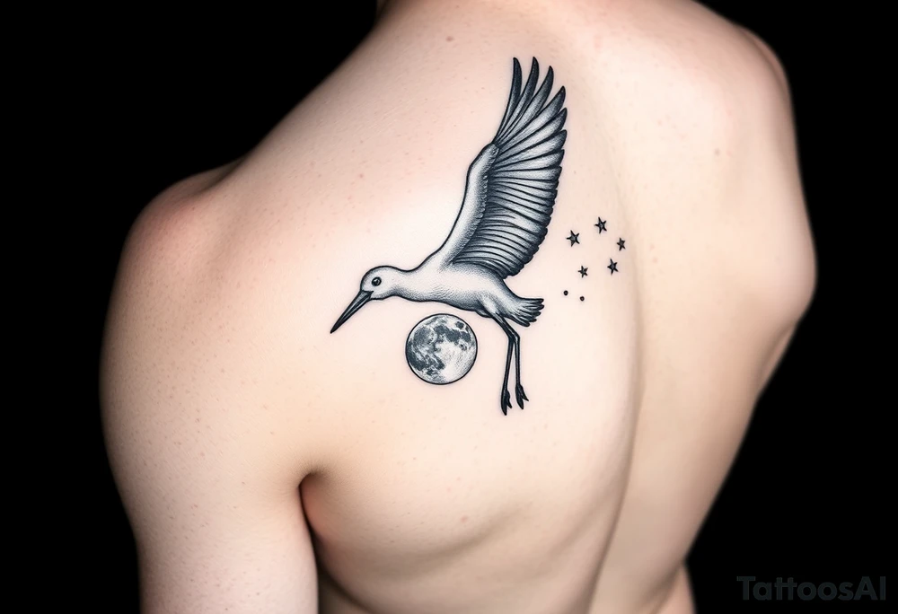 Stork flying with baby bundle towards moon, stars tattoo idea