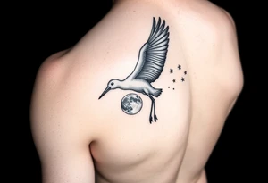 Stork flying with baby bundle towards moon, stars tattoo idea