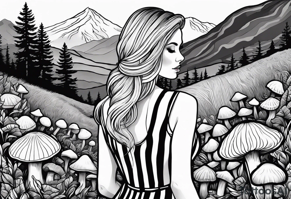 Straight blonde hair girl holding oyster mushrooms in hand facing away toward mountains surrounded by mushrooms black and white striped dress tattoo idea