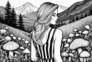 Straight blonde hair girl holding oyster mushrooms in hand facing away toward mountains surrounded by mushrooms black and white striped dress tattoo idea