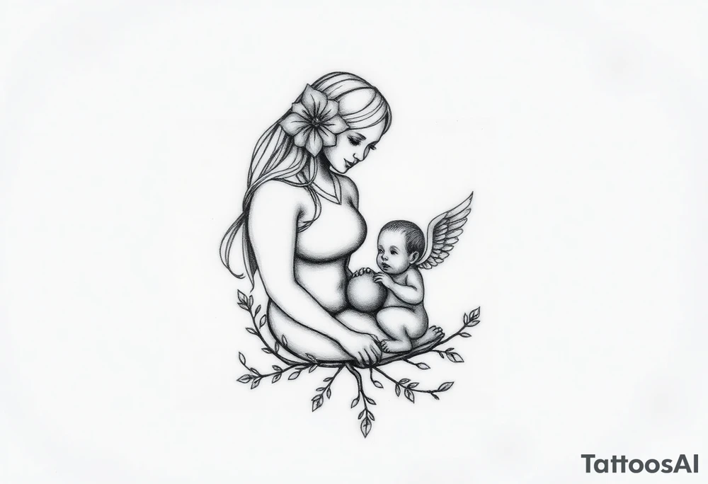 Mère assise  qui allaite son bébé, la mère à une fleur de lys sur la tête et des racines d’arbre de vie. Le bébé est entourée d’un œuf, présence d’ange tattoo idea