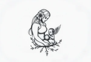 Mère assise  qui allaite son bébé, la mère à une fleur de lys sur la tête et des racines d’arbre de vie. Le bébé est entourée d’un œuf, présence d’ange tattoo idea