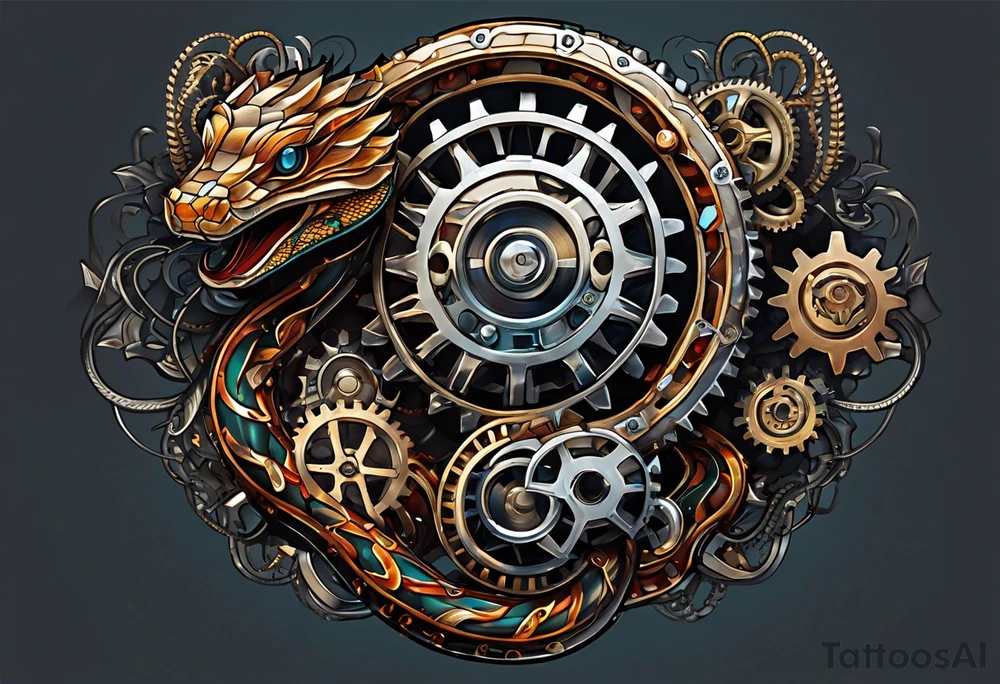 Snake made of gears, wires, bio mechanical, car engine components, metal, space material, metal material. tattoo idea