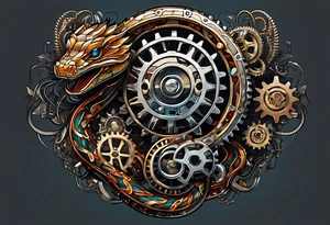 Snake made of gears, wires, bio mechanical, car engine components, metal, space material, metal material. tattoo idea