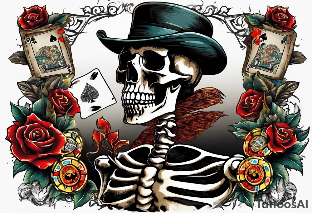 skeleton smoking cigar with poker chips, dealing the cards
"Don't deal with the devil" tattoo idea