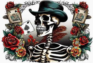 skeleton smoking cigar with poker chips, dealing the cards
"Don't deal with the devil" tattoo idea