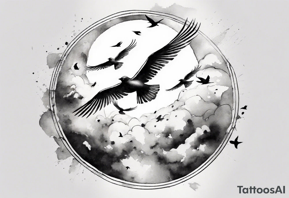 shoulder tattoo with light rays with birds flying free among the clouds, round shape, 3d effect tattoo idea shoulder tattoo with light rays with birds flying free among the clouds, round shape, 3d effect tattoo idea