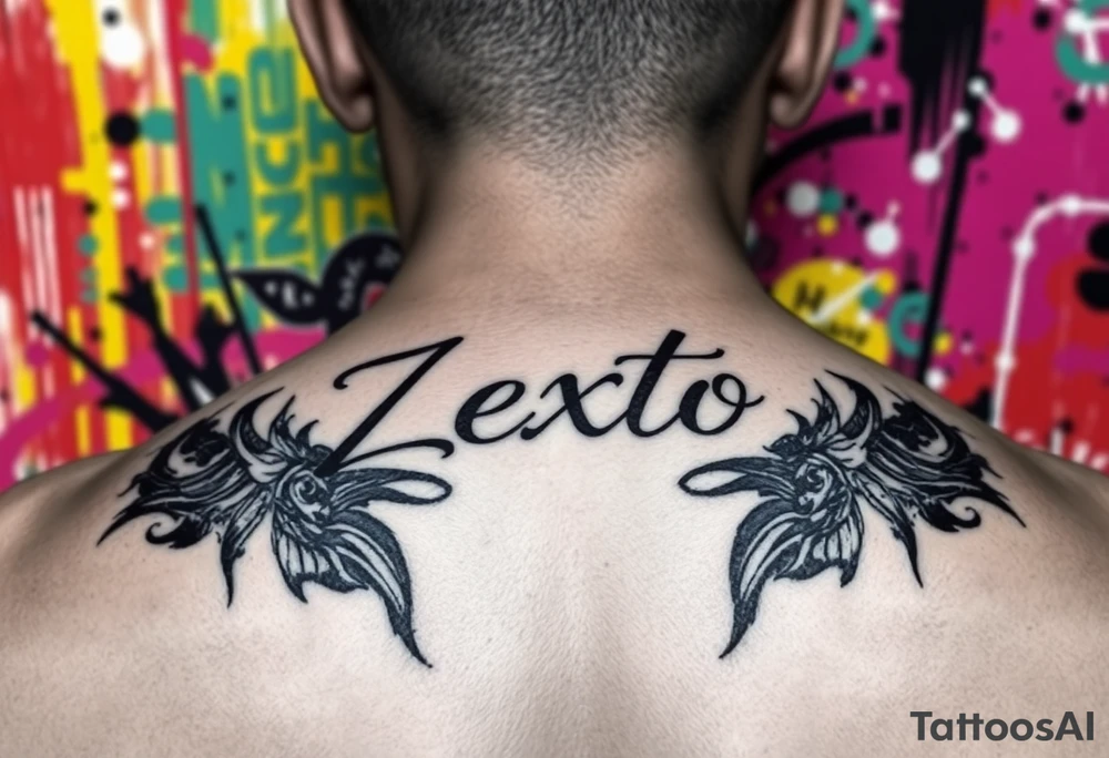 A bright colored graffiti style background with the name Zexto in script tattoo idea