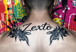 A bright colored graffiti style background with the name Zexto in script tattoo idea